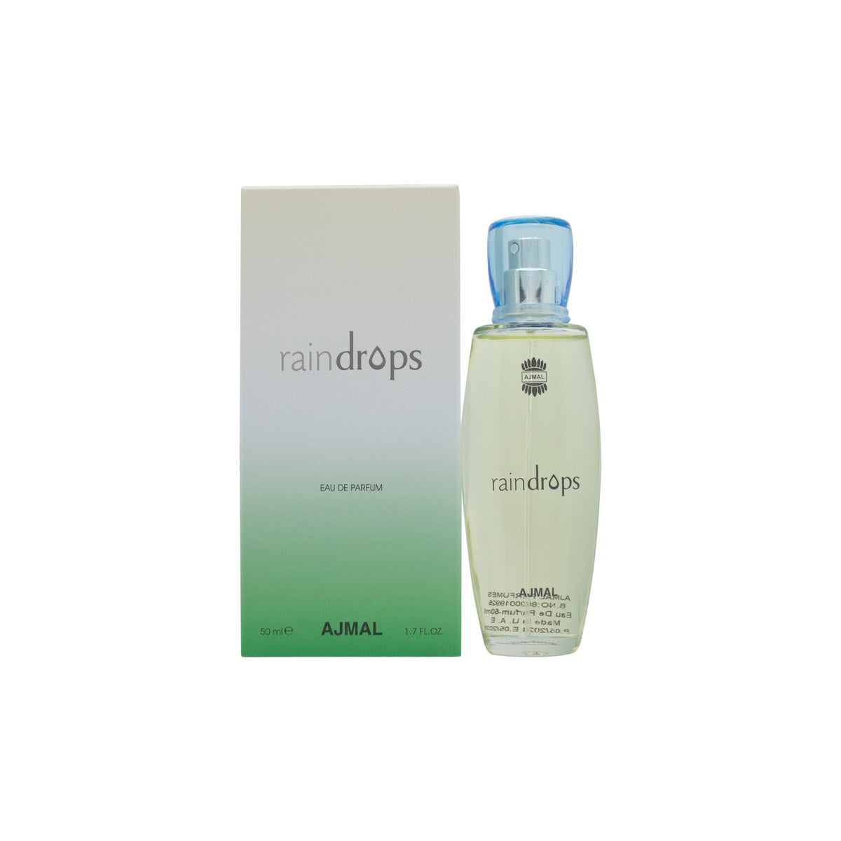 Raindrops Eau De Parfum Ajmal 50 ml, klar dråbeformet glasflaske med lyseblå væske og sølvfarvet låg, let og roligt udtryk