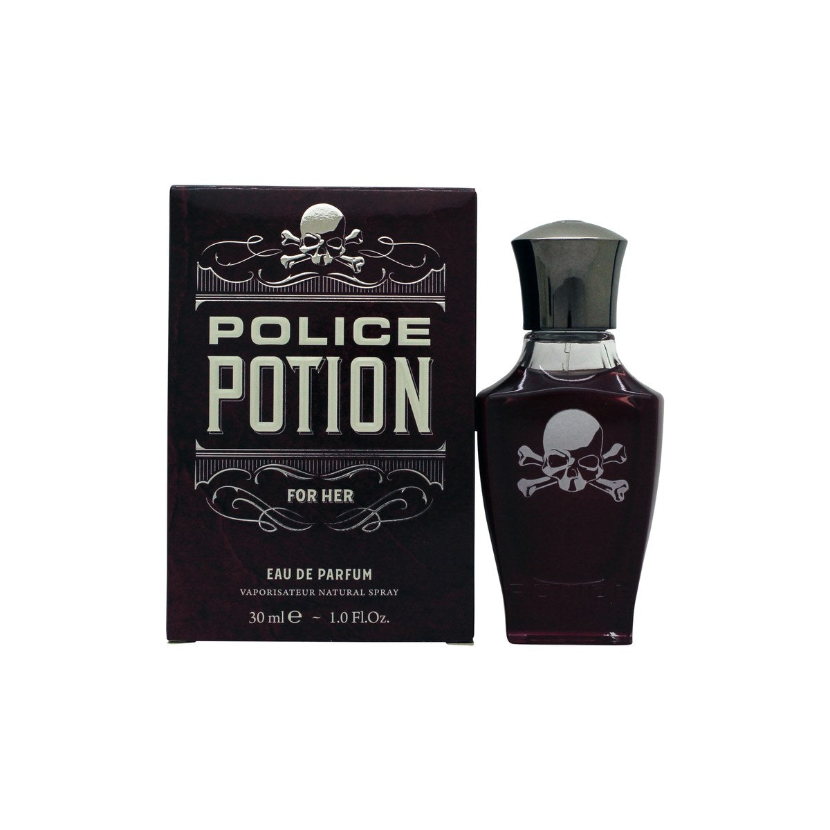 Police Potion For Her Eau de Parfum, Police 30 ml – lilla kranieformet flakon i glas med rosedetalje og blank hætte