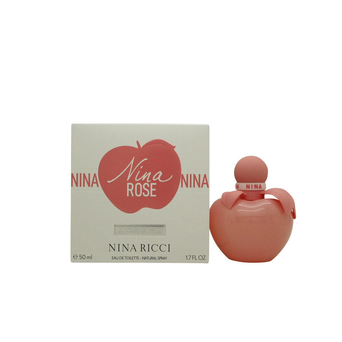 Nina Rose Eau De Toilette Nina Ricci 50 ml, æbleformet parfumeflaske i karamelpink glas med bånd og Nina-logo