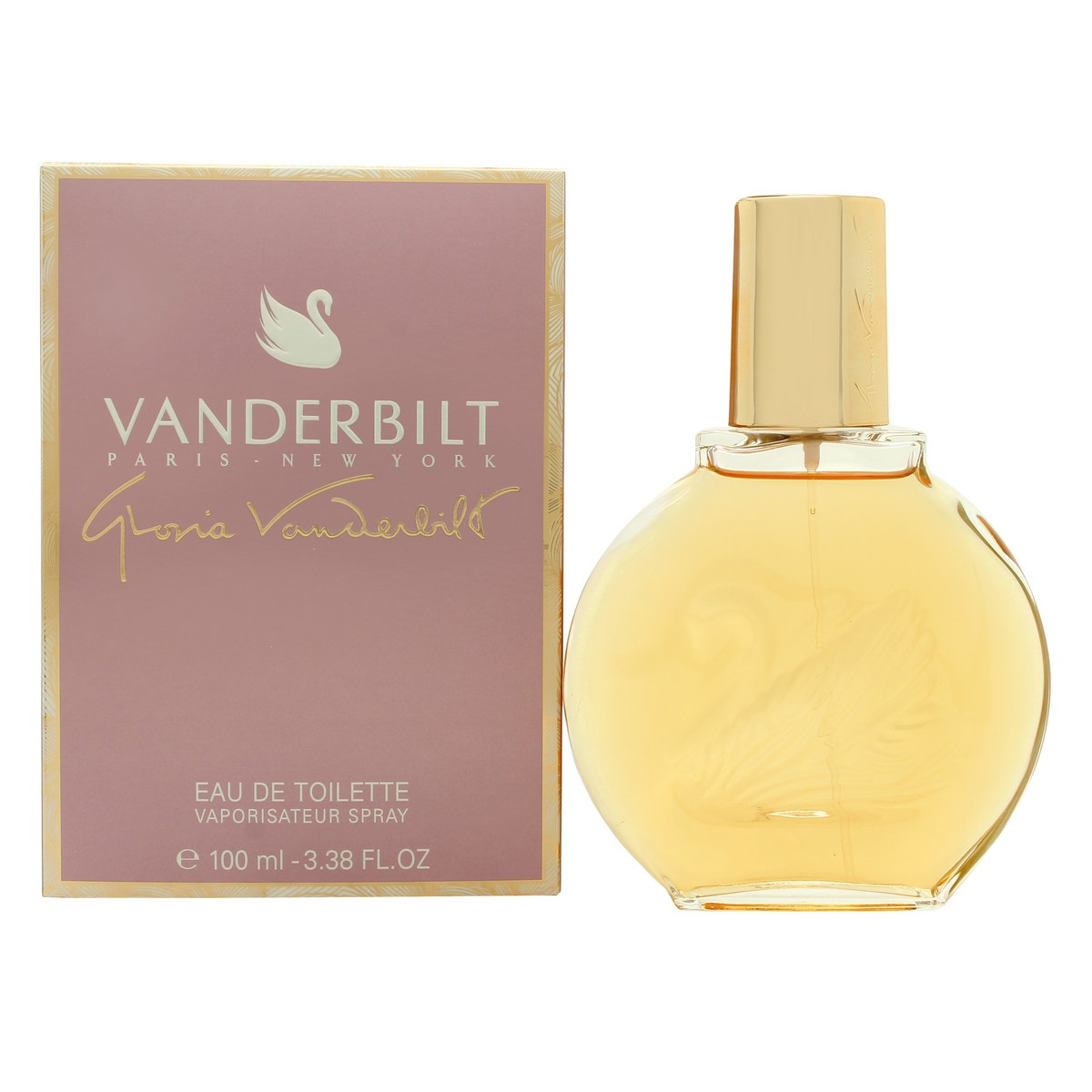 Gloria Vanderbilt Vanderbilt Eau de Toilette 100 ml, rillet oval glasflakon med guldkap og svane-logo på æske