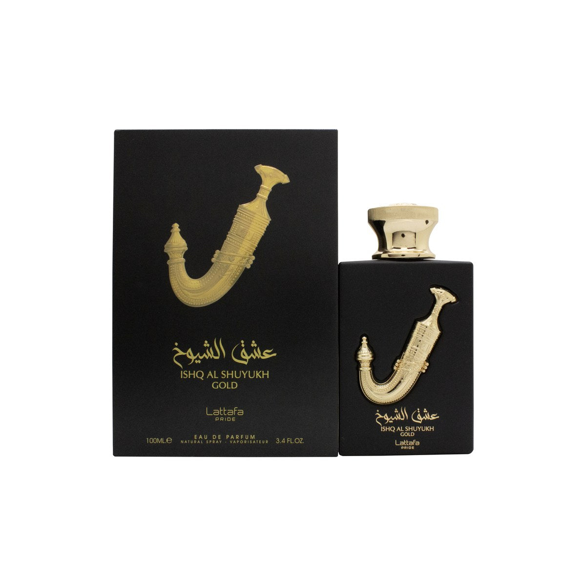 Lattafa Ishq Al Shuyukh Gold Eau de Parfum 100 ml i gylden, firkantet flakon med arabisk mønster og sort låg