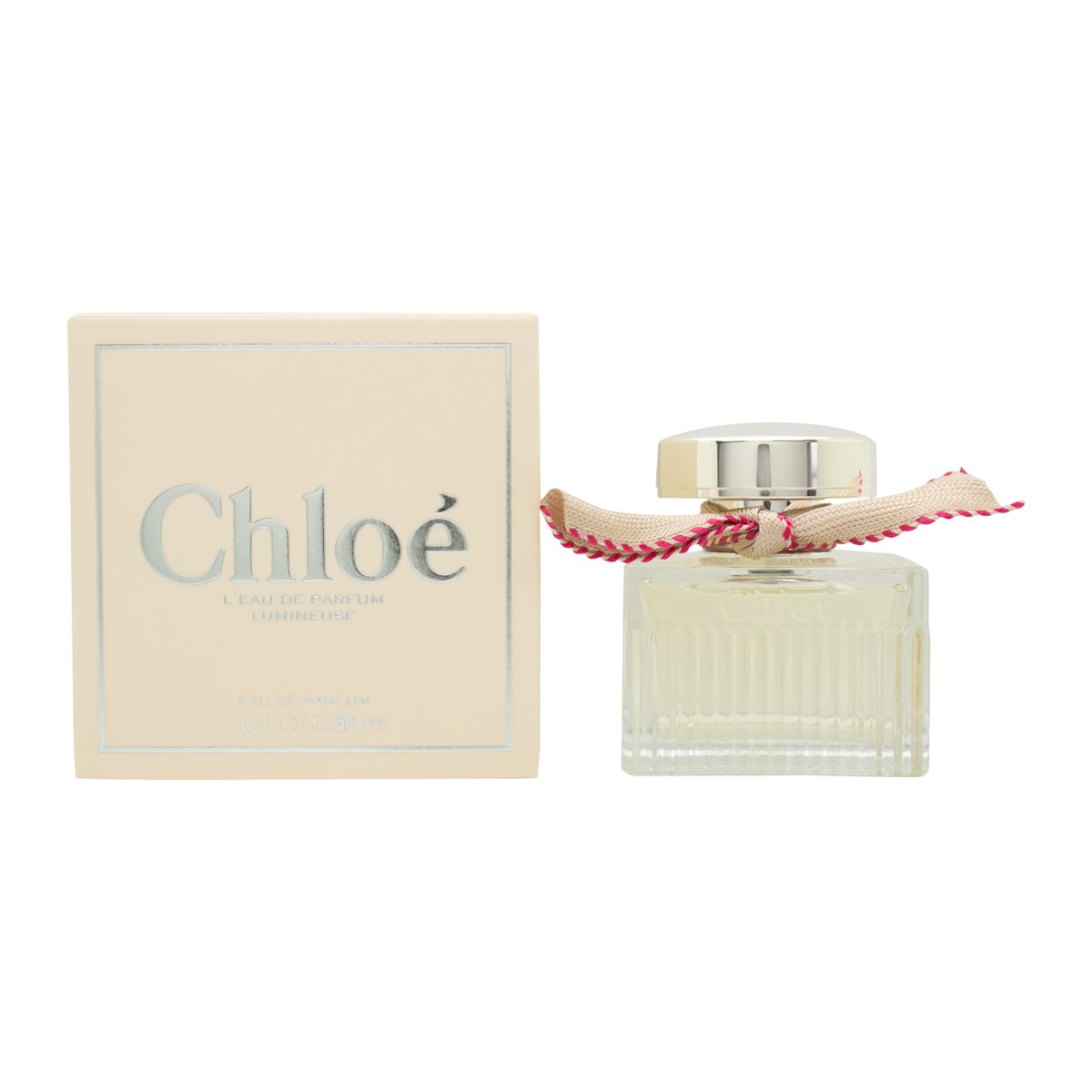 Chloé Eau de Parfum Lumineuse, Chloé, 50 ml – klar plisseret glasflaske med gylden duft og beige bånd ved halsen