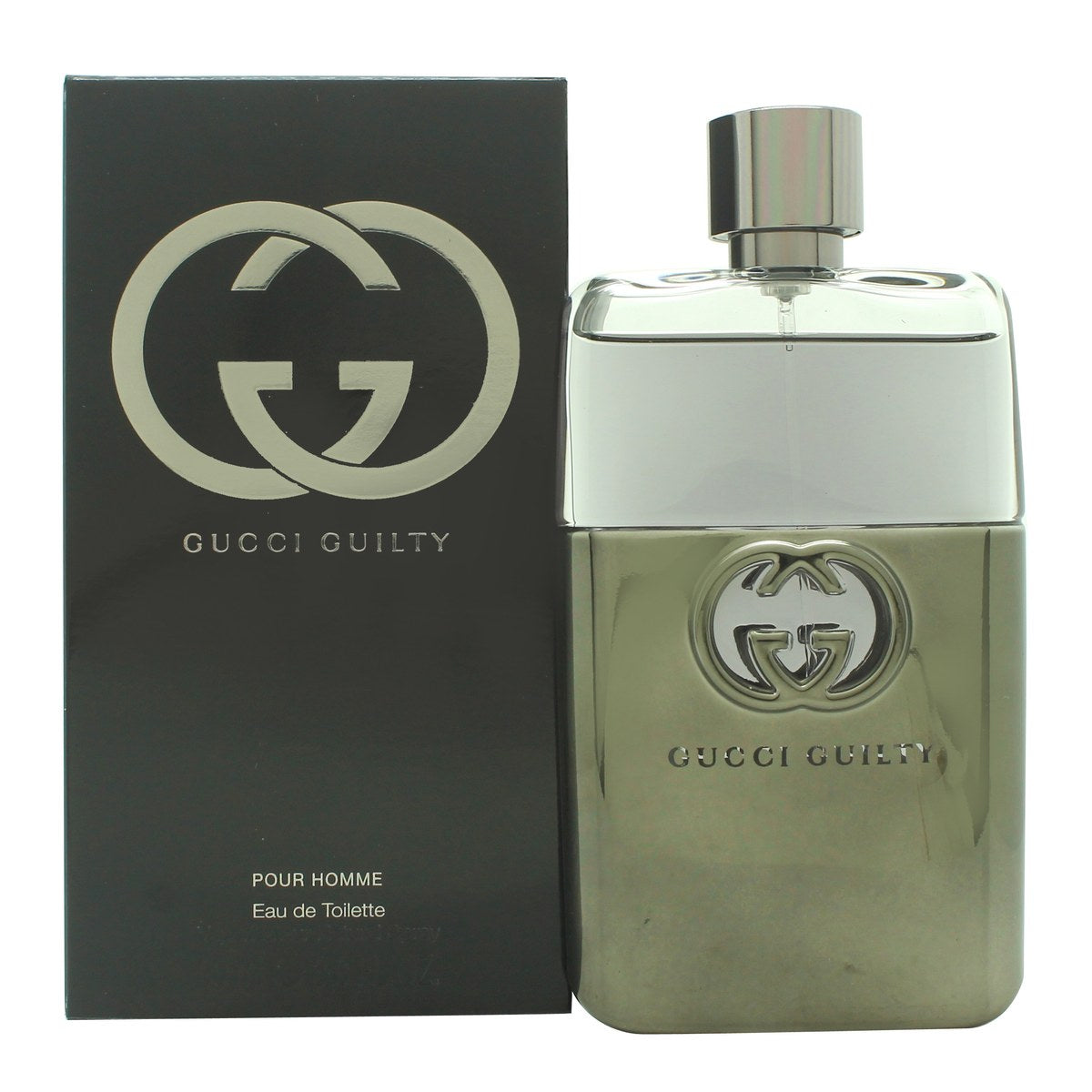 Gucci Guilty Pour Homme Eau De Toilette, Gucci, 90 ml – rektangulær sølvfarvet parfumeflaske med GG-logo og maskulint design