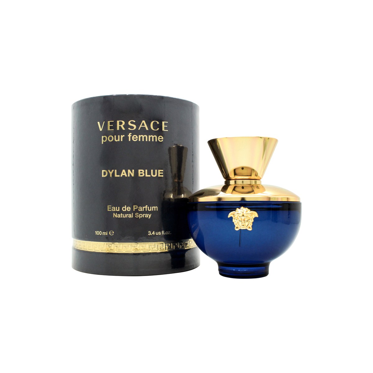 Dylan Blue Femme Eau De Parfum, Versace, 100 ml – dybblå amforaformet flakon med gyldent låg og Medusa-detalje