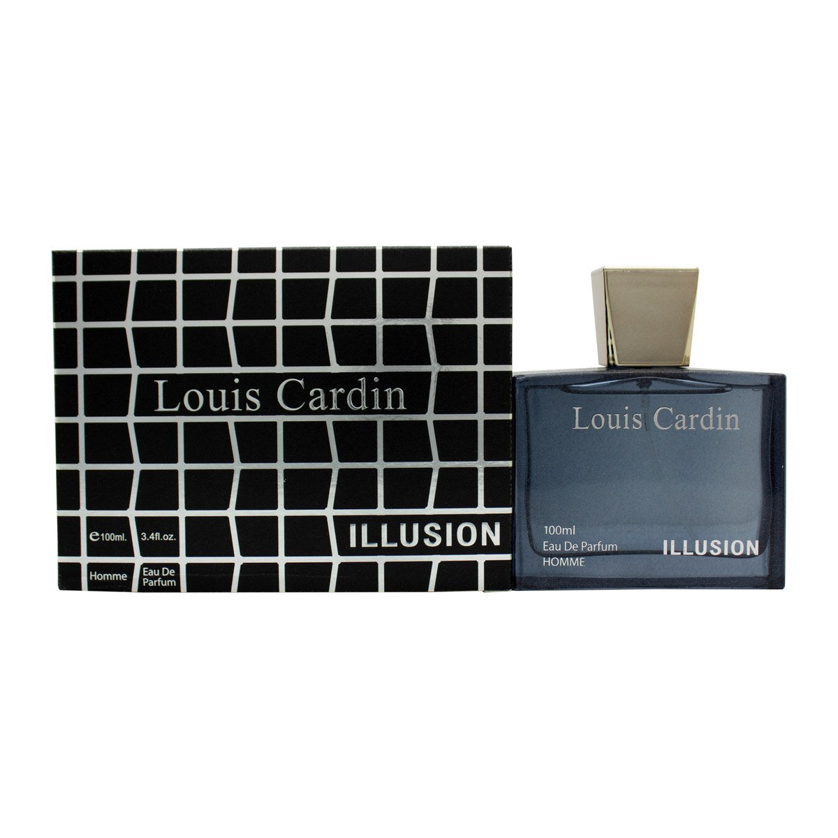 Louis Cardin Illusion Eau de Parfum 100 ml i firkantet glasflaske med ravfarvet duft og sort låg med gulddetaljer