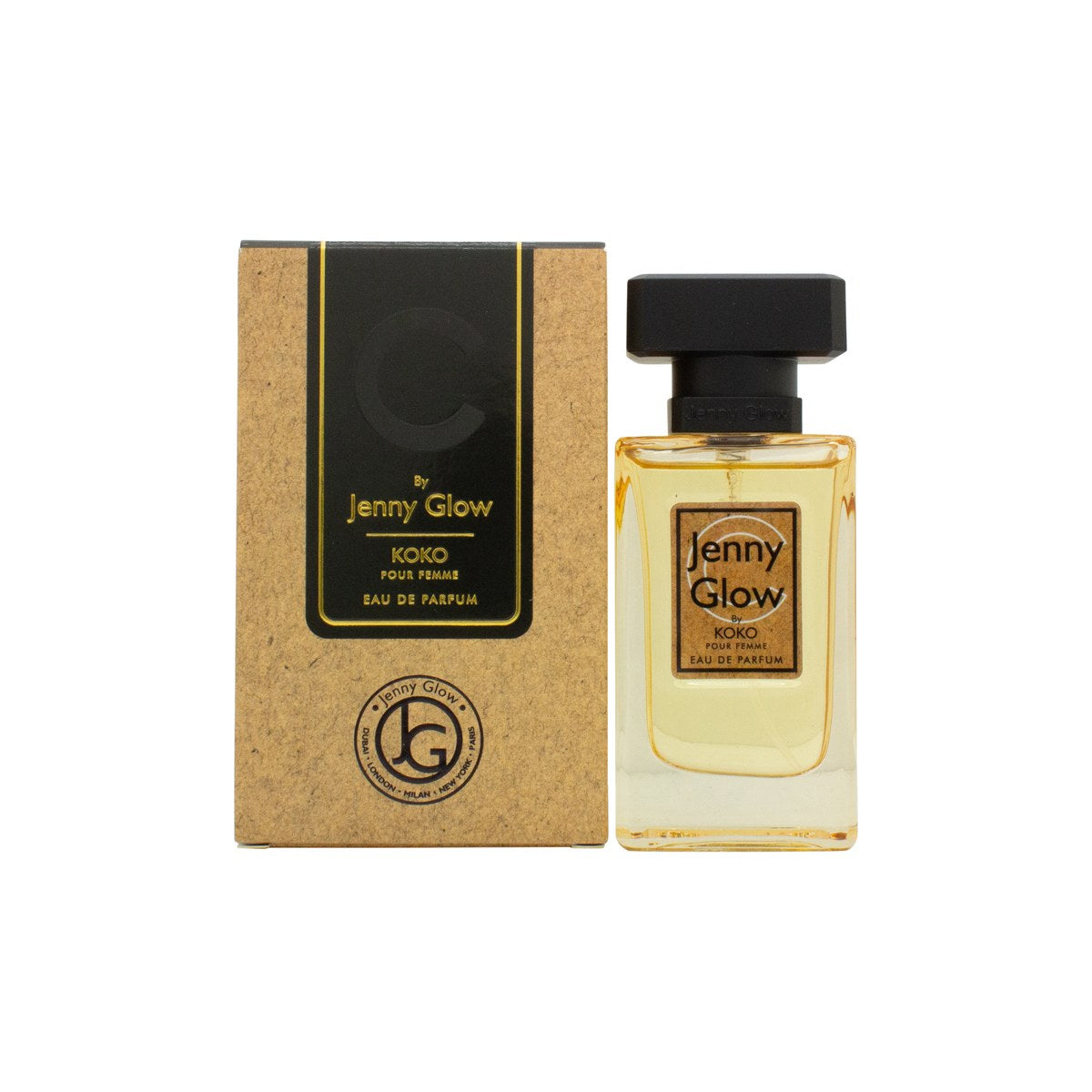 Jenny Glow Koko (RAW) Eau de Parfum 30 ml – Jenny Glow, klar glasflaske med sort kubisk låg og minimalistisk etiket.