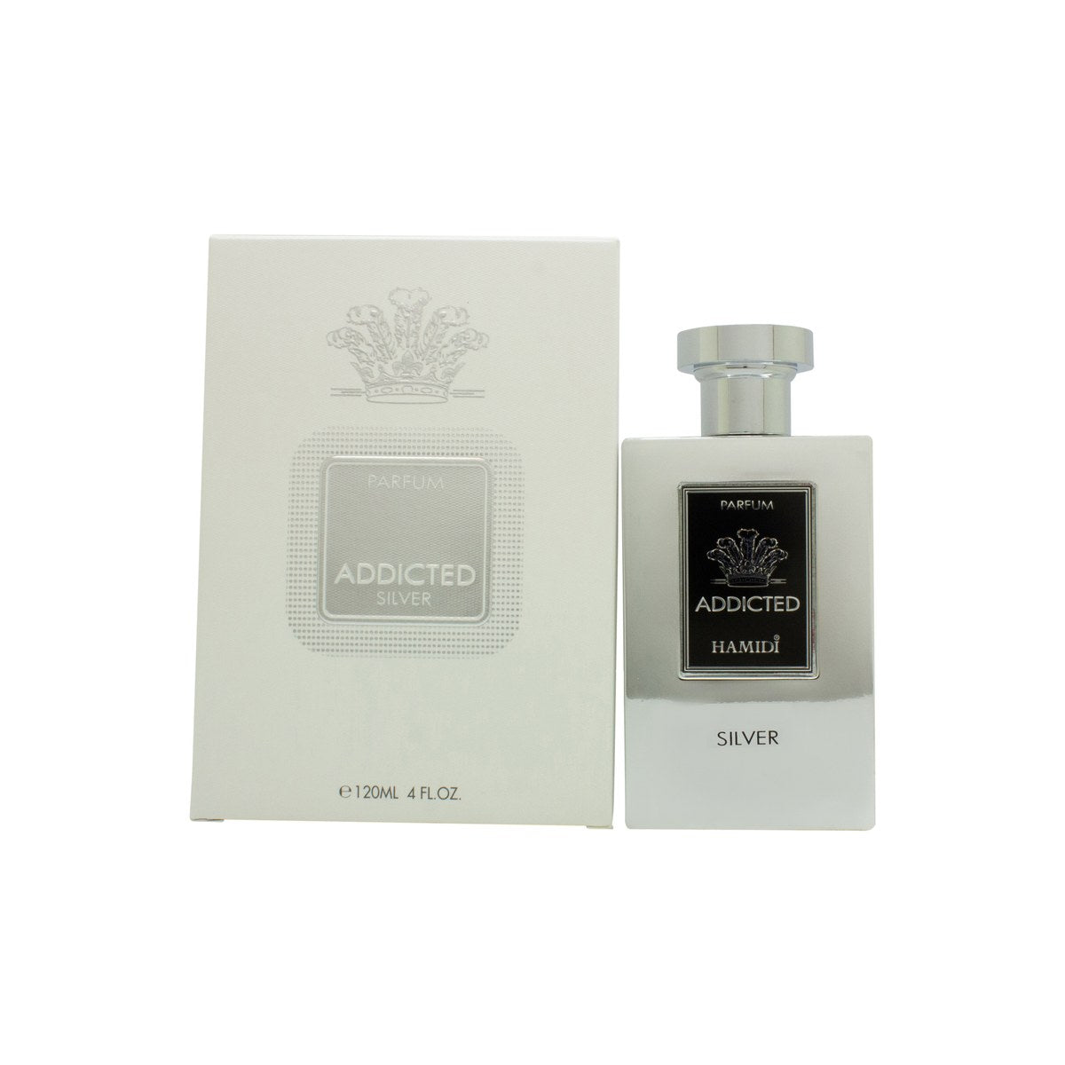 Hamidi Addicted Silver Eau de Parfum 100 ml, Hamidi – sølvfarvet flakon med metallisk finish og minimalistisk design