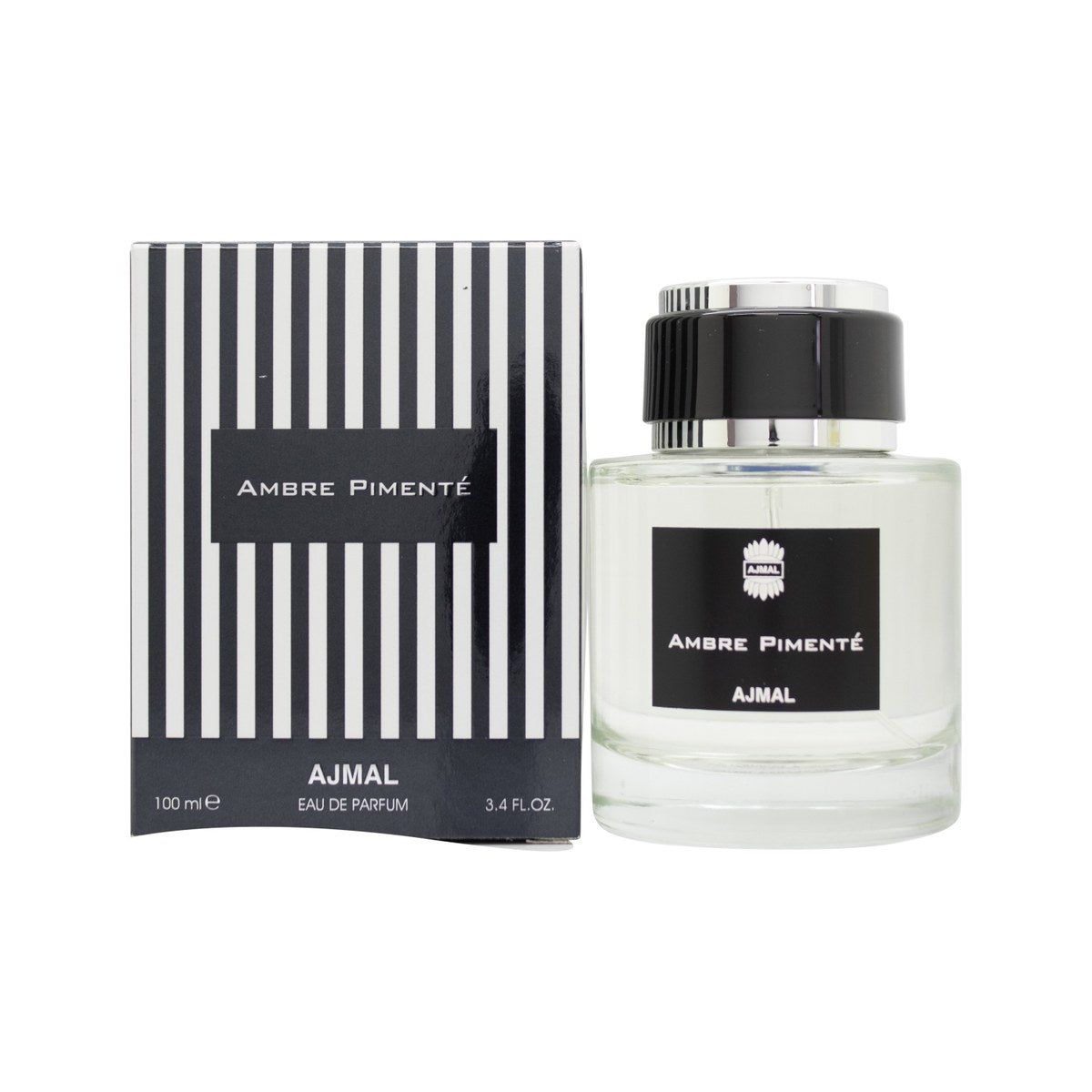 Ajmal Ambre Pimente Eau de Parfum 100 ml – rektangulær ravfarvet glasflakon med gulddetaljer og sort låg