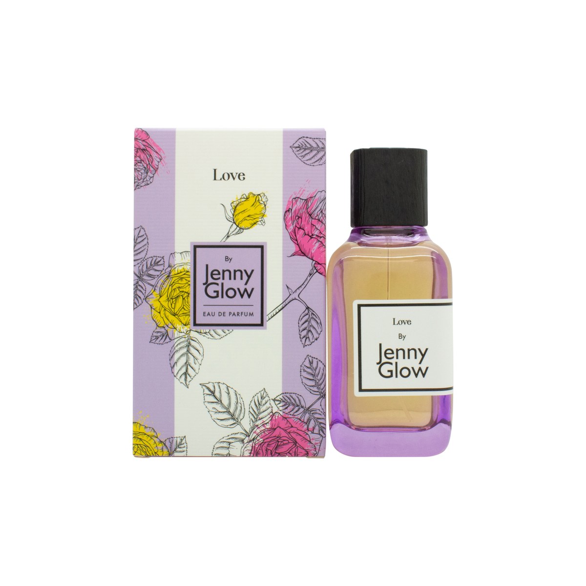 Jenny Glow Love Eau De Parfum 100 ml fra Jenny Glow i klar rektangulær flakon med sølvfarvet låg og lyserød duft