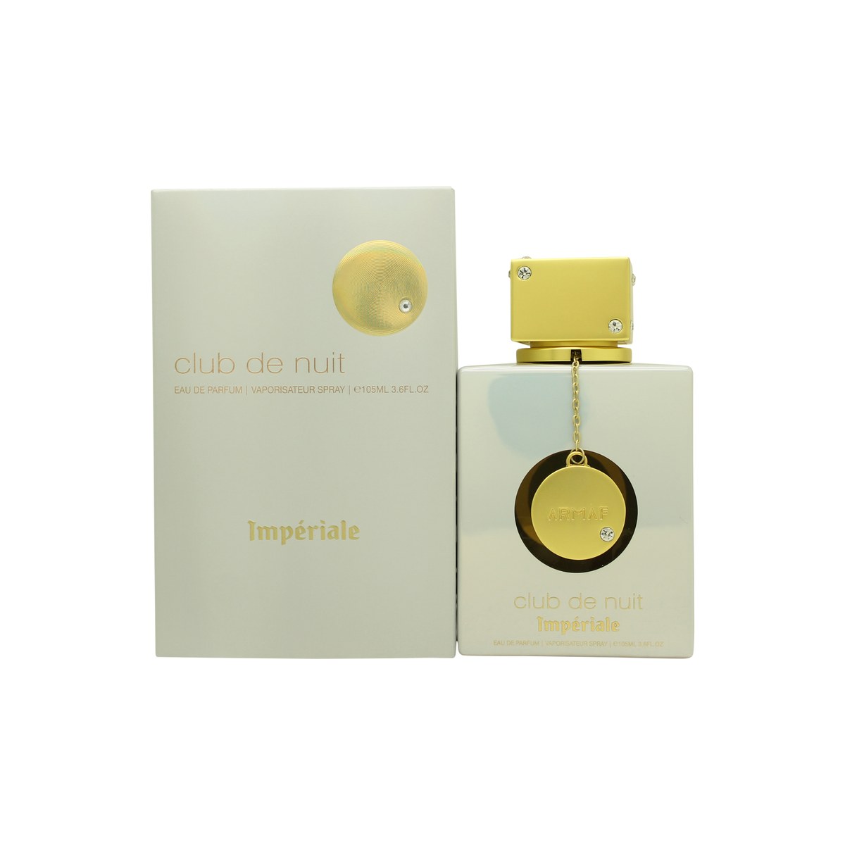Club De Nuit White Imperiale Eau De Parfum, Armaf, 105 ml – hvid flaske med gulddetaljer og kroneformet låg