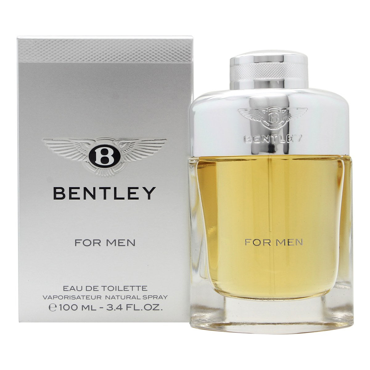Bentley For Men Eau de Toilette 100ml, Bentley, 100 ml – klar glasflakon med sølvgrå metalomslag og tung firkantet form