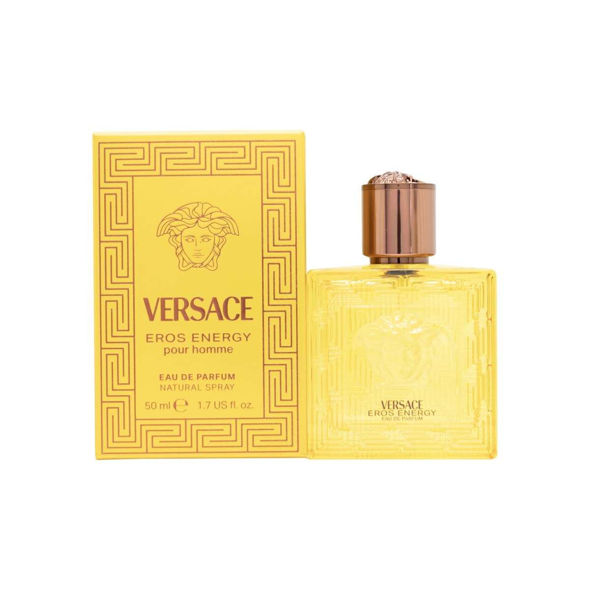 Versace Eros Energy Eau De Parfum, Versace 50 ml – firkantet gul glasflaske med Medusa-logo og græsk mønster