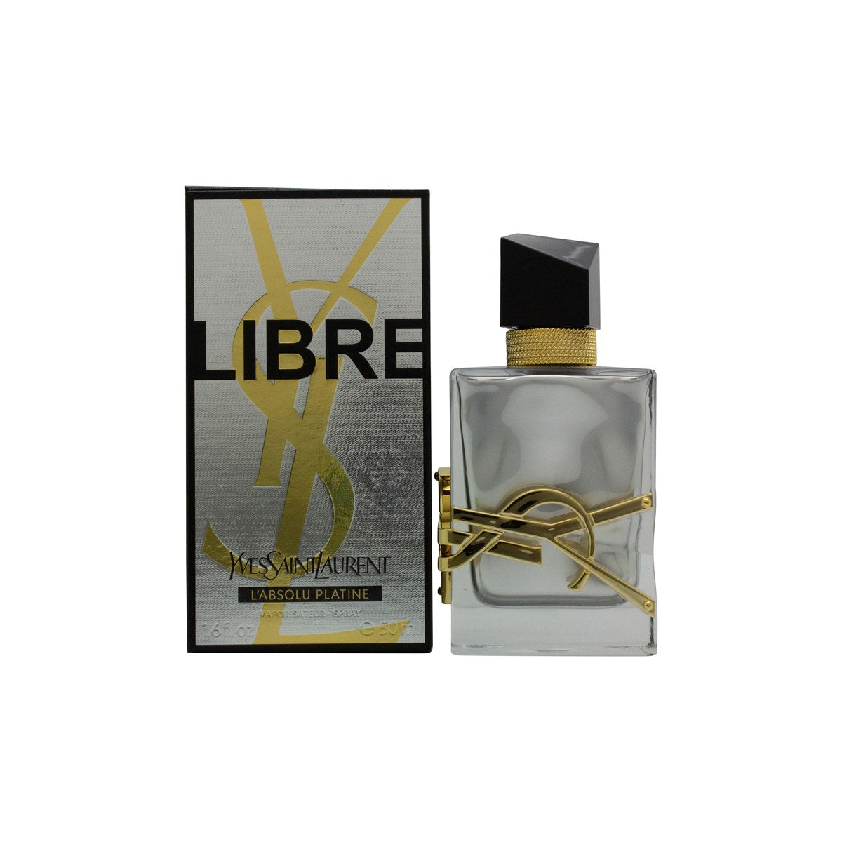 Yves Saint Laurent Libre L'Absolu Platine 50 ml, Yves Saint Laurent – rektangulær sølv glasflakon med sort logo og kantet låg