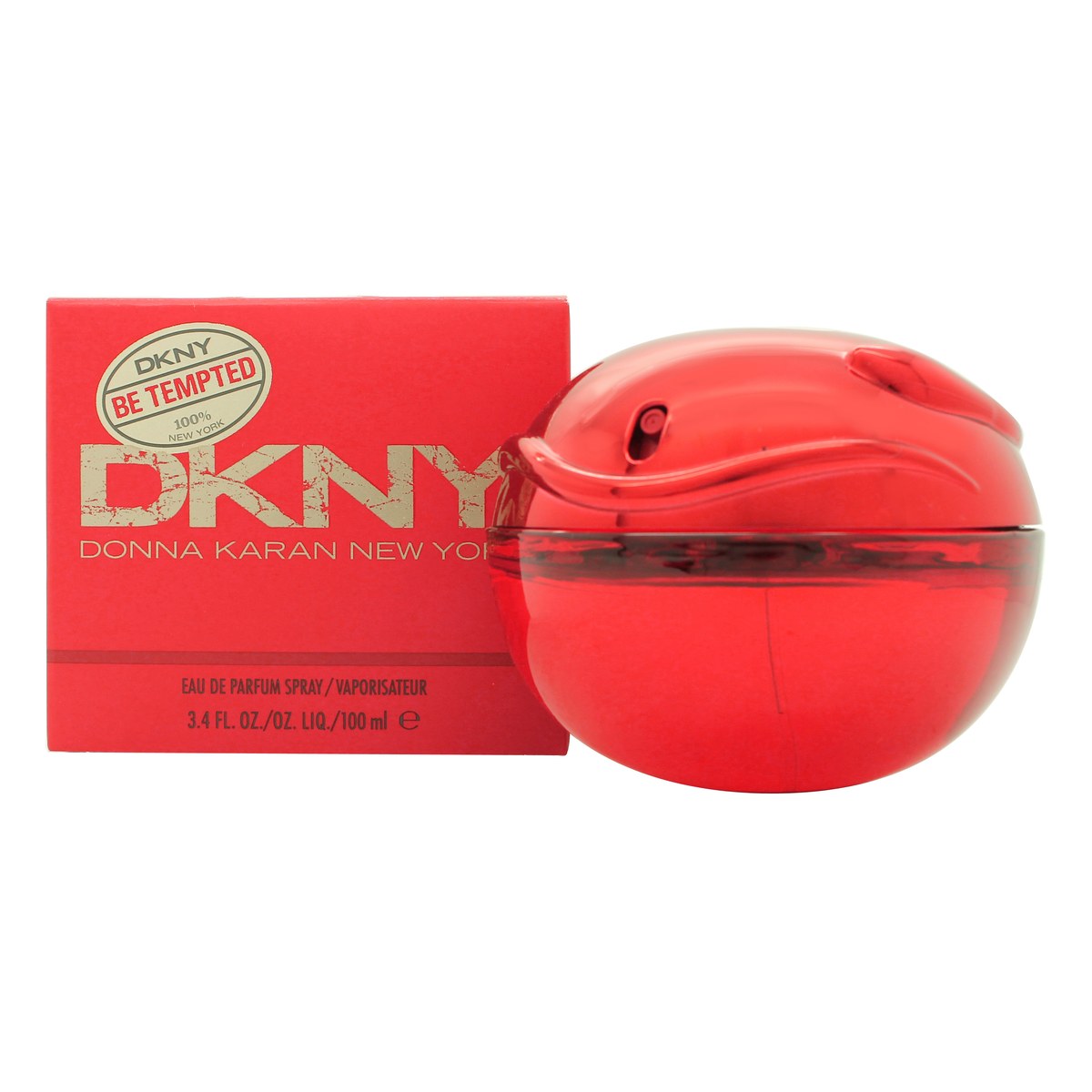 DKNY Be Tempted Eau de Parfum 100ml, DKNY, 100 ml – æbleformet flaske i dybrødt glas med gyldent låg