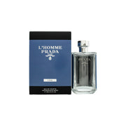 Prada Prada L'Homme L'Eau Eau de Toilette 100 ml, klar rektangulær glasflaske med sølvgrå låg og logo