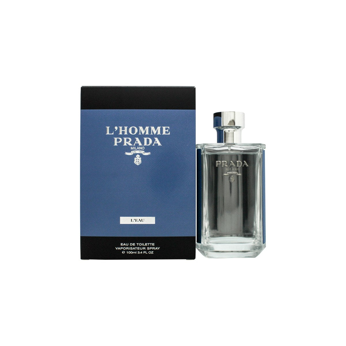 Prada Prada L'Homme L'Eau Eau de Toilette 100 ml, klar rektangulær glasflaske med sølvgrå låg og logo