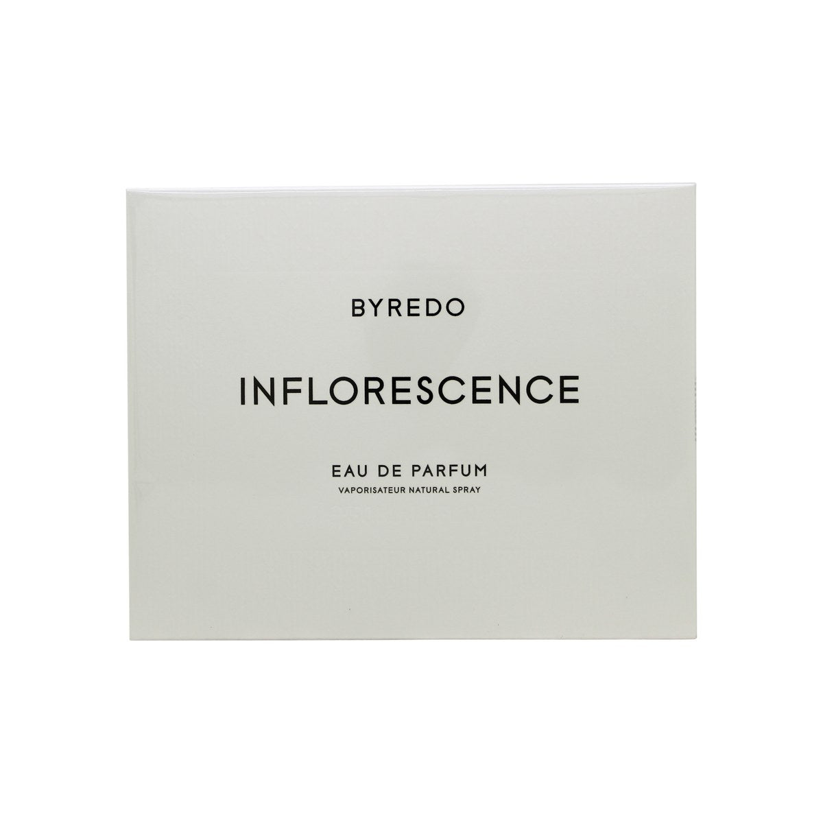 Byredo Inflorescence Eau de Parfum 50 ml, Byredo – klar glasflaske med sort cylindrisk låg og minimalistisk hvid etiket.