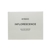 Byredo Inflorescence Eau de Parfum 50 ml, Byredo – klar glasflaske med sort cylindrisk låg og minimalistisk hvid etiket.