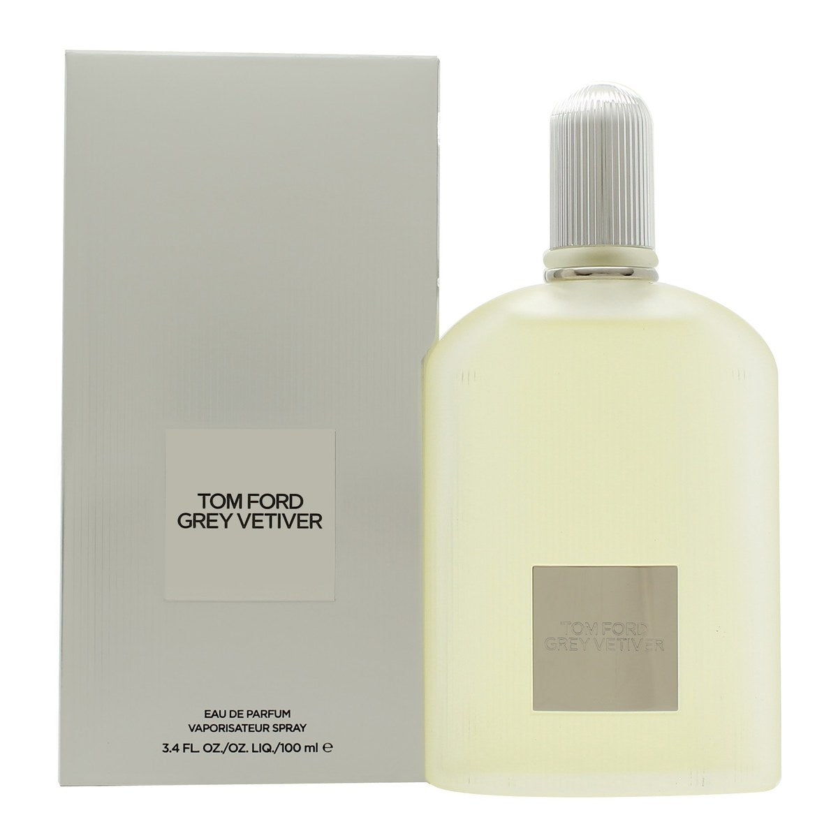 Tom Ford Grey Vetiver Parfum Eau De Parfum 100 ml, grå glasflaske med kantet form, minimalistisk etiket og afdæmpet udtryk