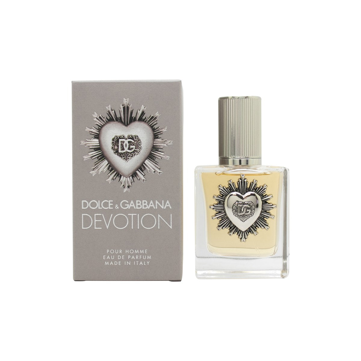 Devotion Pour Homme Parfum Eau De Parfum, Dolce & Gabbana, 50 ml – klar glasflaske med Sacred Heart-emblem og sølvfarvet låg