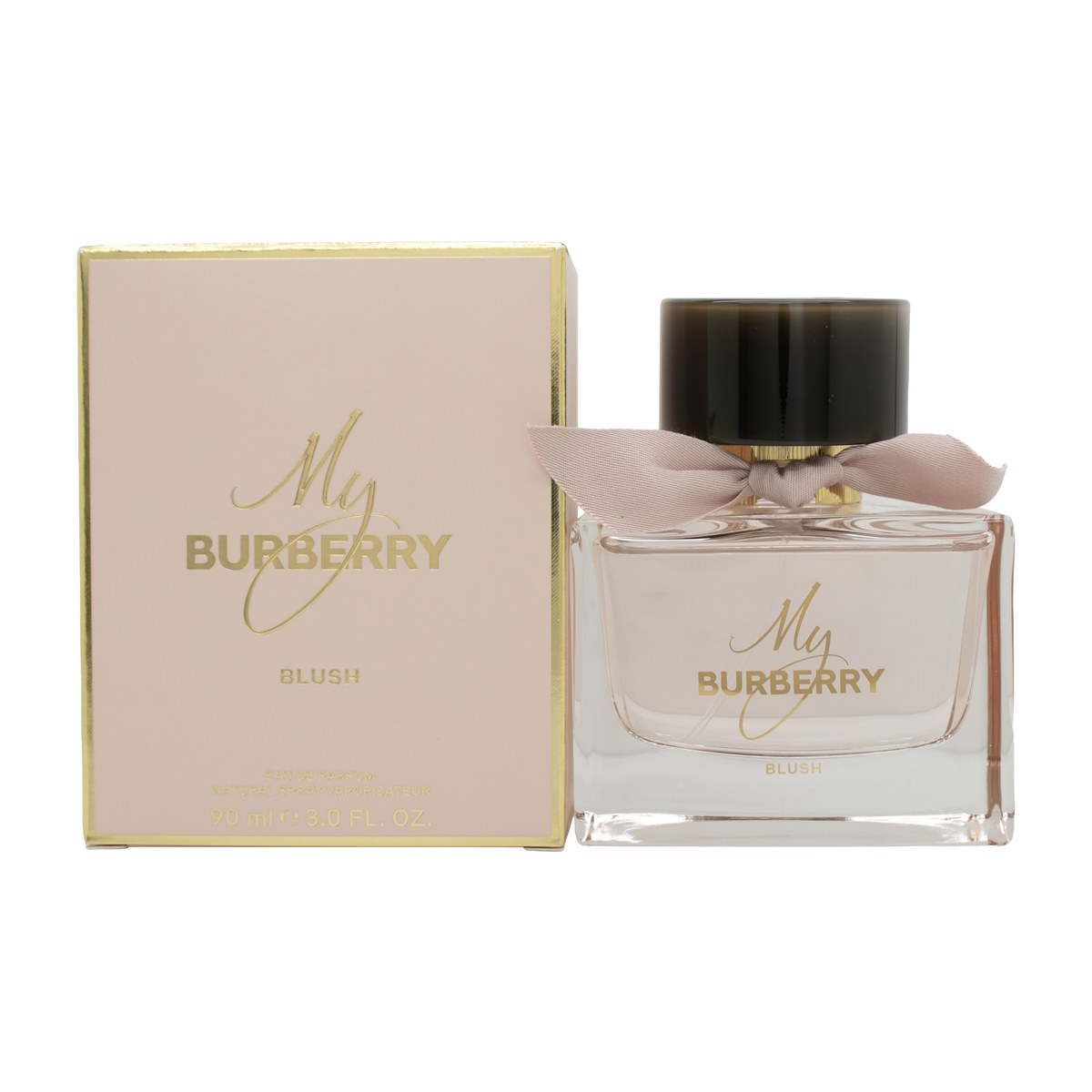 Burberry My Burberry Blush Eau de Parfum 90 ml fra Burberry, lyserød glasflaske med sløjfe og gyldent låg.