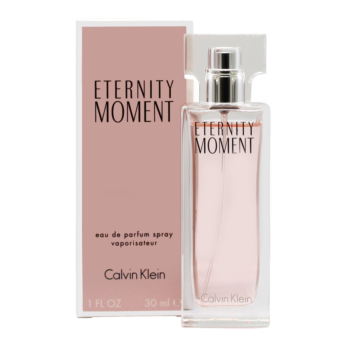 Eternity Moment Eau De Parfum Calvin Klein 30 ml, slank flakon i mat rosa glas med sølvfarvet låg