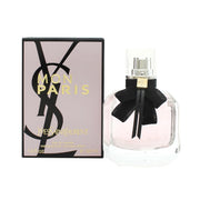 Yves Saint Laurent Mon Paris Eau de Parfum 50 ml – klar rektangulær glasflaske med lyserød duft og sort sløjfe ved halsen