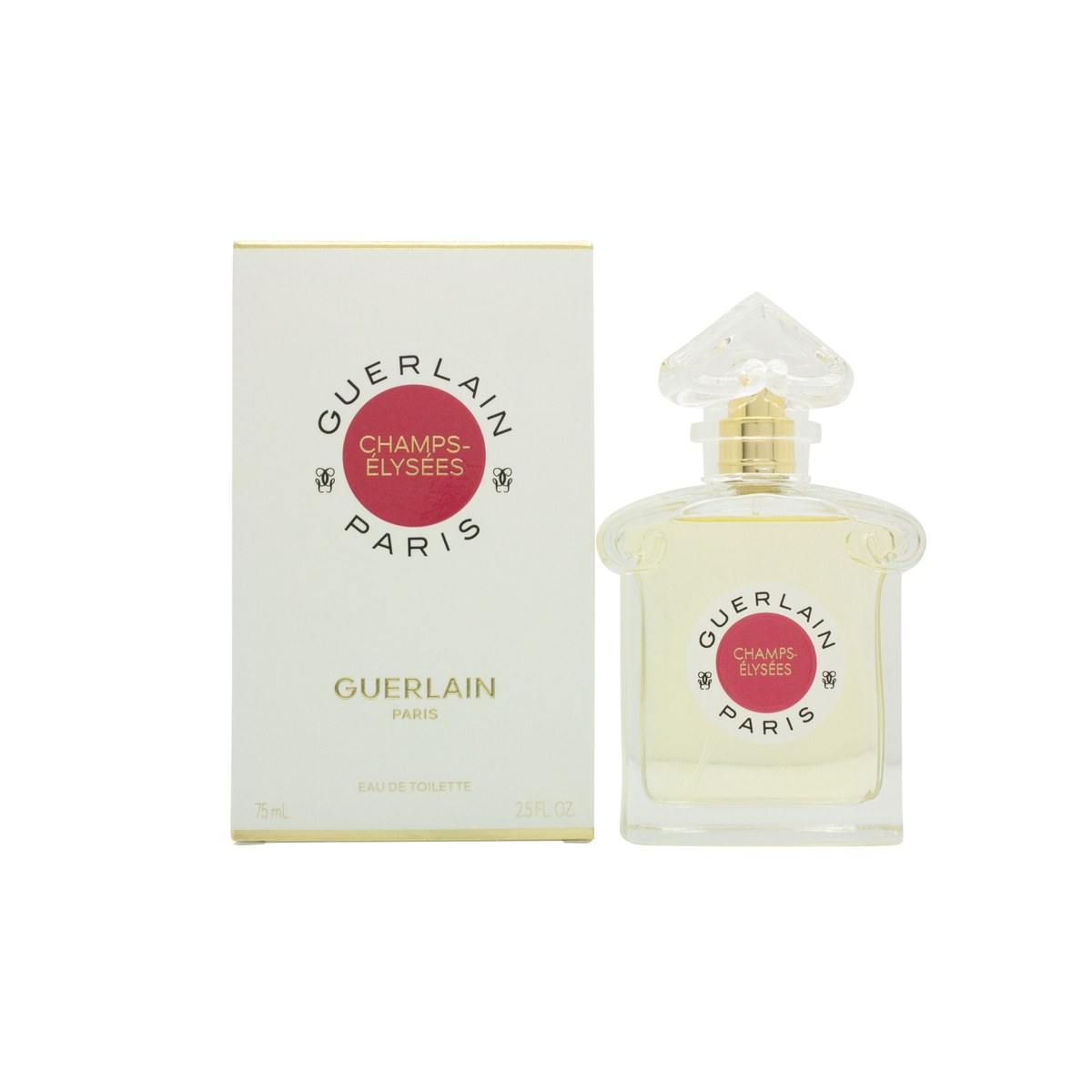 Guerlain Champs-Élysées 2021 Eau de Toilette 75 ml, klar glasflakon med bløde kurver og gylden blomsterformet prop