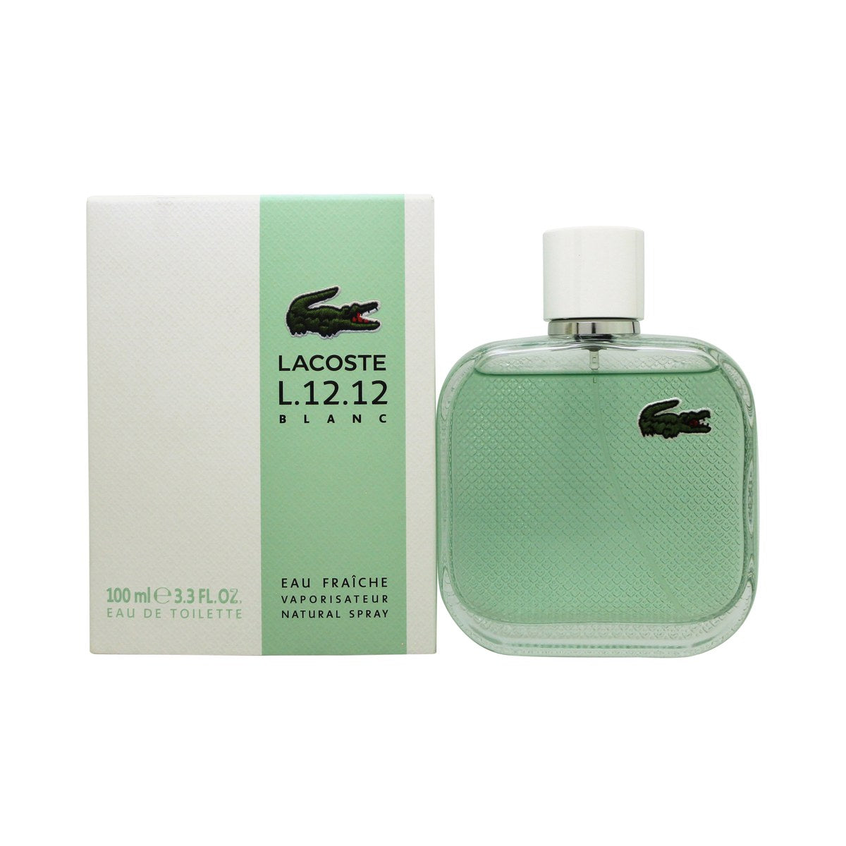 Lacoste L.12.12 Blanc Eau Fraîche Eau de Toilette, Lacoste 100 ml – hvid mat glasflaske med grøn krokodille og hvid prop.