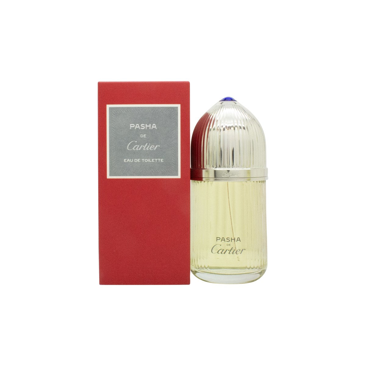 Cartier Pasha de Cartier Eau de Toilette 100 ml, Cartier – cylindrisk glasflakon med sølvkrave og mørkeblå top