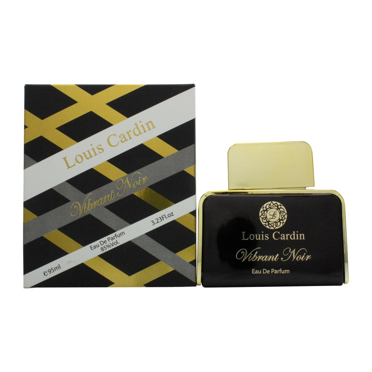 Louis Cardin Vibrant Noir Eau de Parfum 95 ml i sort, firkantet flakon med gulddetaljer og mørk hætte