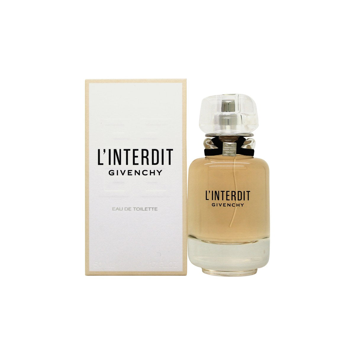 Givenchy L'Interdit (2022) Eau de Toilette 50 ml fra Givenchy i klar, firkantet glasflakon med sølvhals og hvid etiket.