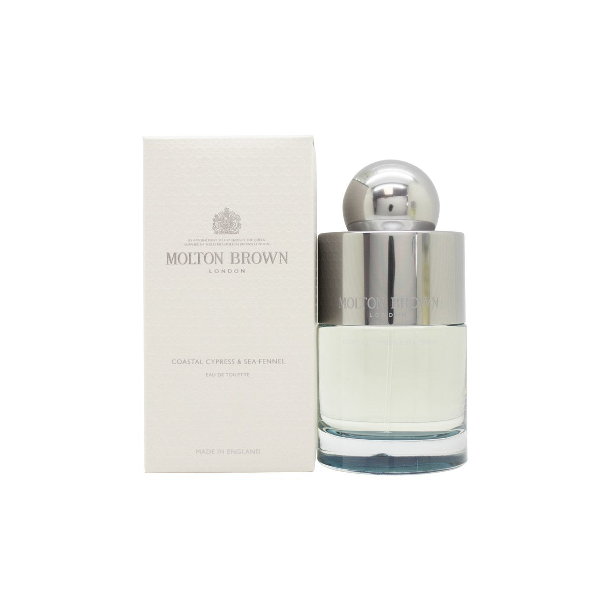 Molton Brown Coastal Cypress & Sea Fennel Eau de Toilette 100 ml, klar glasflaske med sølvfarvet låg og havblå væske