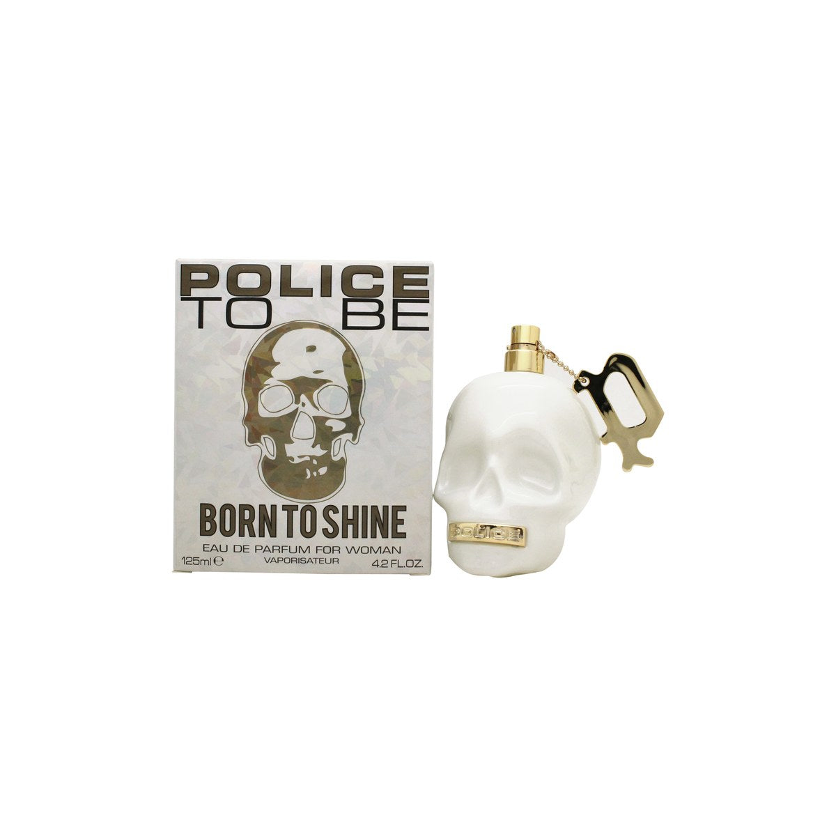 Police To Be Born To Shine For Woman Eau De Parfum 125 ml, perlehvid kranieflaske med glat finish og gyldne detaljer