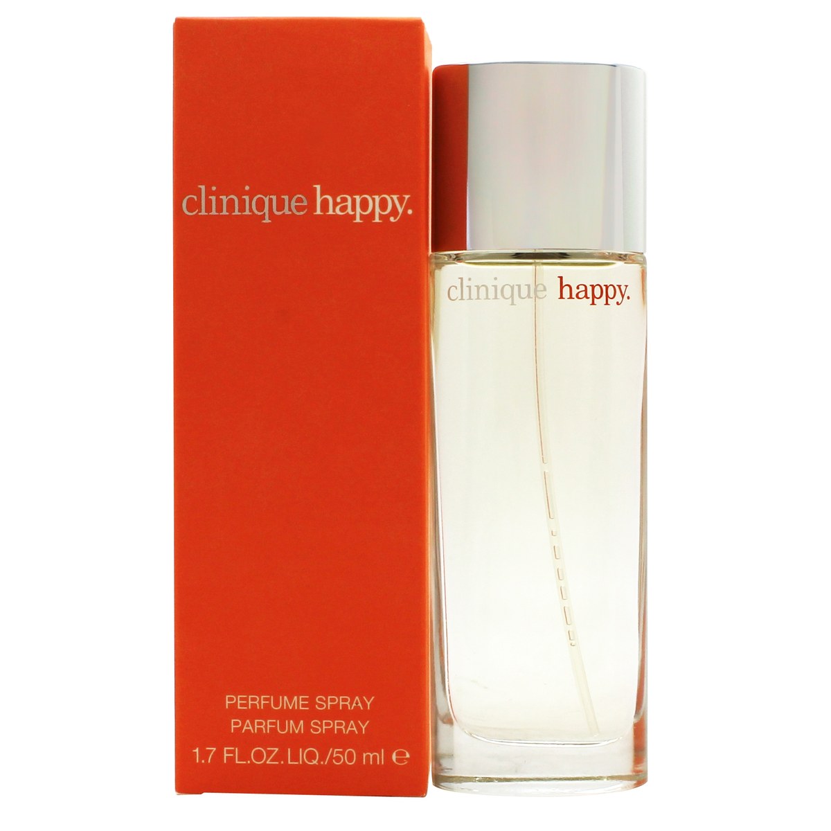 Clinique Happy Eau de Parfum 50 ml fra Clinique – klar, cylinderformet glasflaske med sølv spraytop og enkelt logo.
