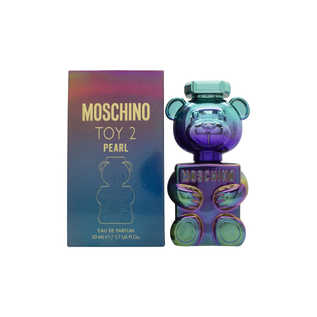 Toy 2 Pearl Eau De Parfum Moschino 50 ml, perlemorshvid teddyformet flaske med iriserende finish og rolige havtoner.