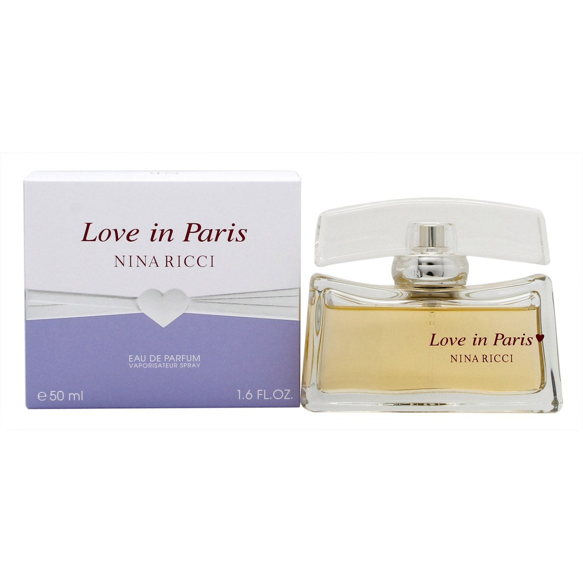 Nina Ricci Love In Paris Eau de Parfum 50 ml flakon i klart glas med lyserød væske og sølvfarvet låg