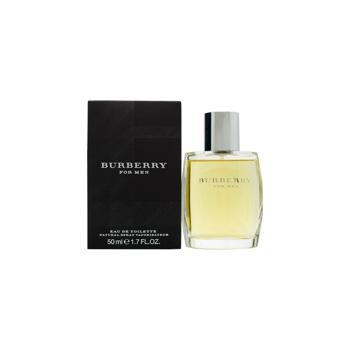 Burberry for Men Eau De Toilette 50 ml – rund klar glasflakon med sølvhætte og klassisk ternet æske i beige toner