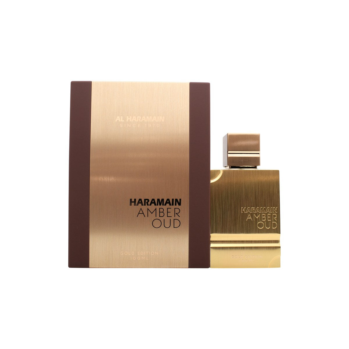 Amber Oud Gold Edition Eau De Parfum Al Haramain 100 ml gylden, rektangulær flaske med sort frontetiket og guldfarvet låg i minimalistisk design