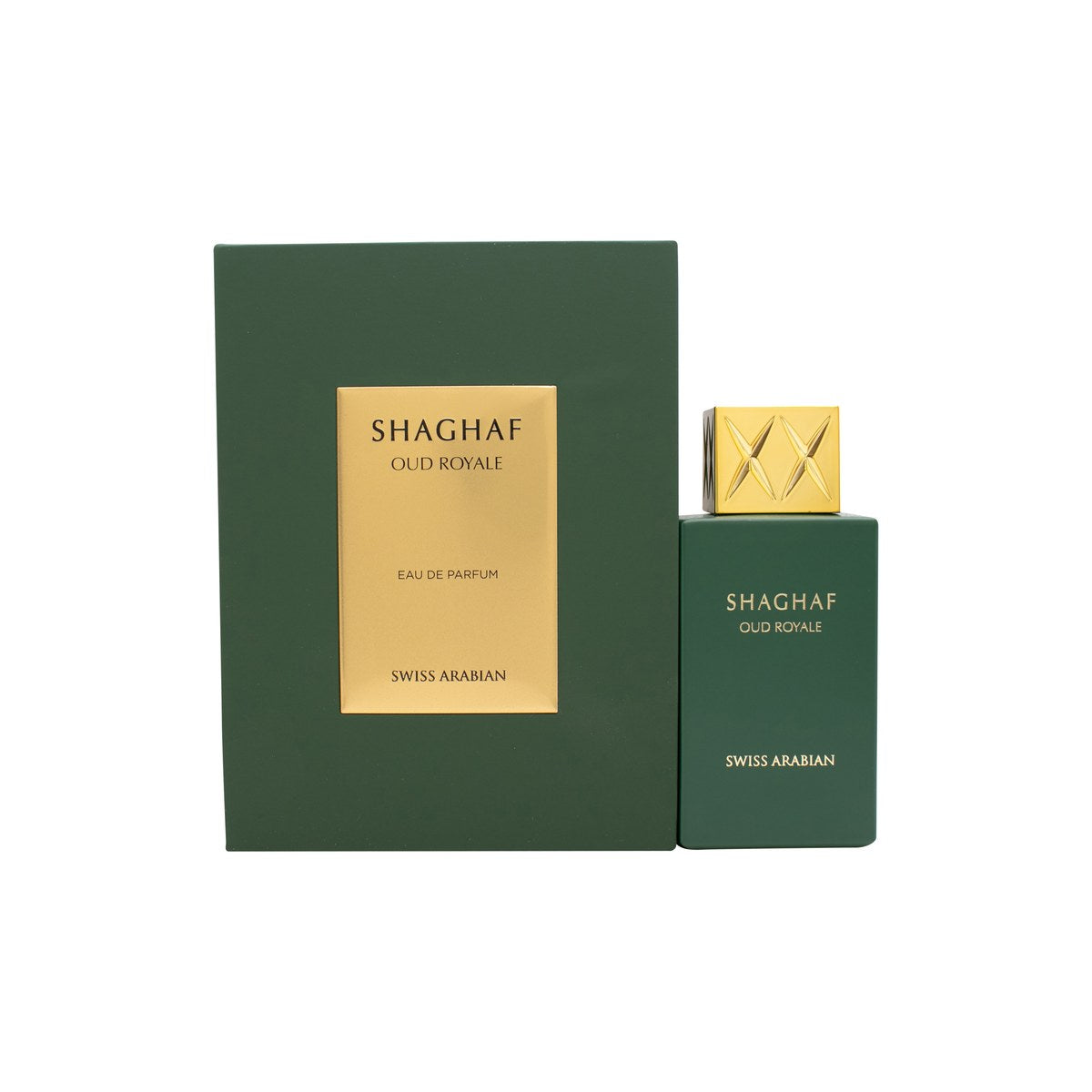 Swiss Arabian Shaghaf Oud Royale Eau De Parfum 75 ml fra Swiss Arabian – gylden cylinderformet flakon med ornamenteret låg