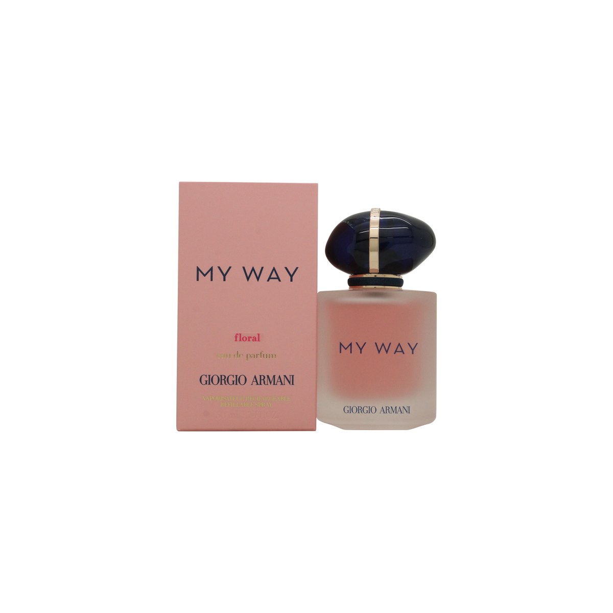 Giorgio Armani My Way Floral Eau de Parfum 50 ml i frostet glasflakon med lyserød duft og blå låg med gylden ringdetalje