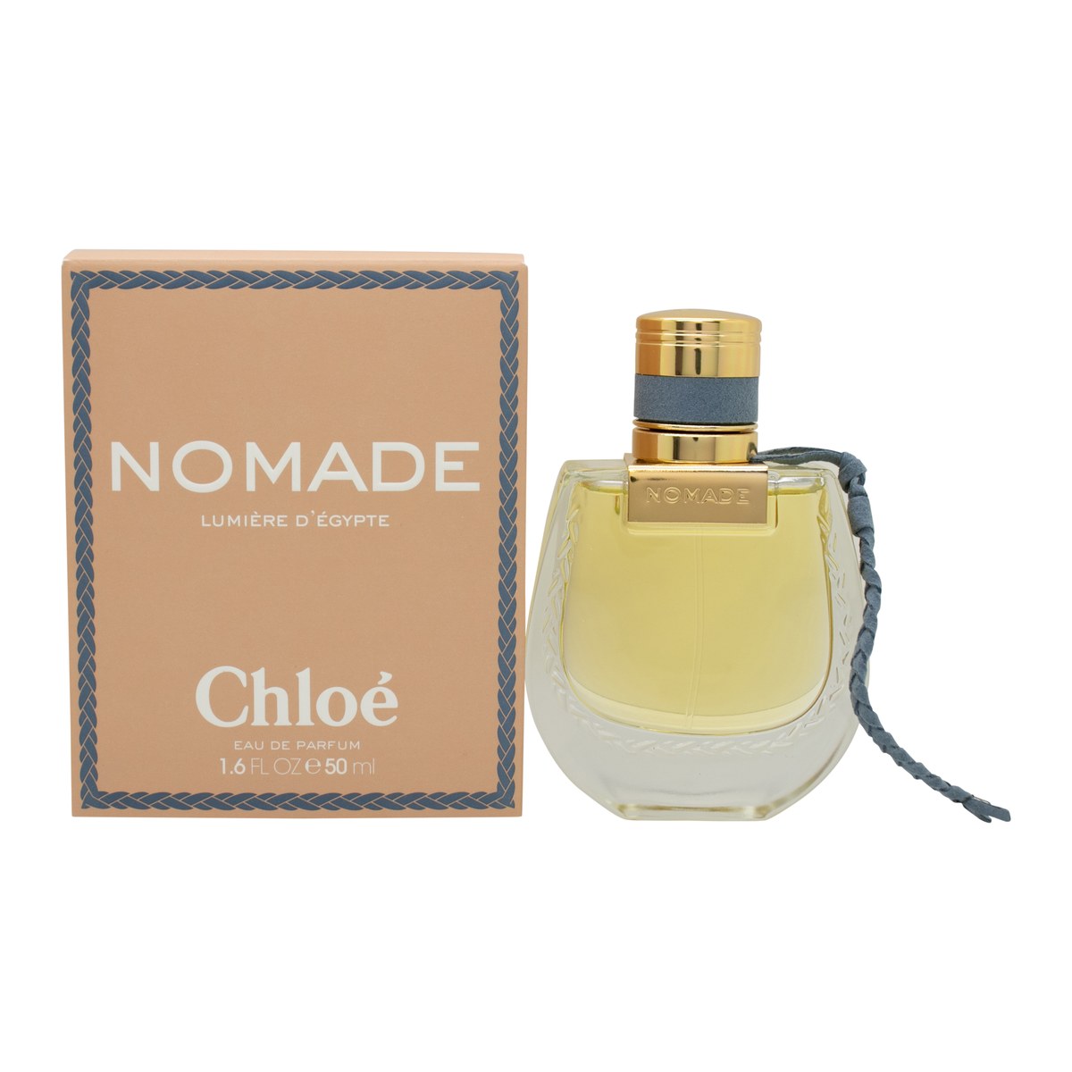 Chloé Nomade Lumiere d'Egypte Eau de Parfum 50 ml fra Chloé, riflet glasflakon med gylden top og sandfarvet sløjfe.