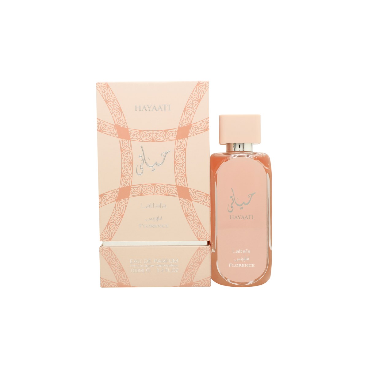 Lattafa Hayaati Florence Eau de Parfum 100ml fra Lattafa i 100 ml – lyserød glasflaske med guldkantet låg og blomstret æske