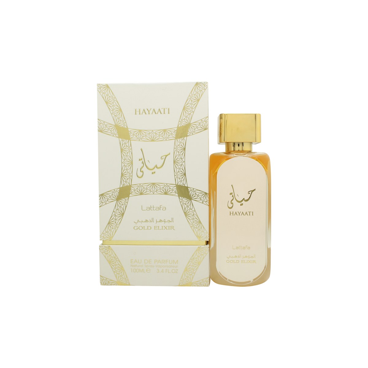Lattafa Hayaati Gold Elixir Eau de Parfum 100 ml flakon i guldfarvet metal med sort låg og elegant, kantet design