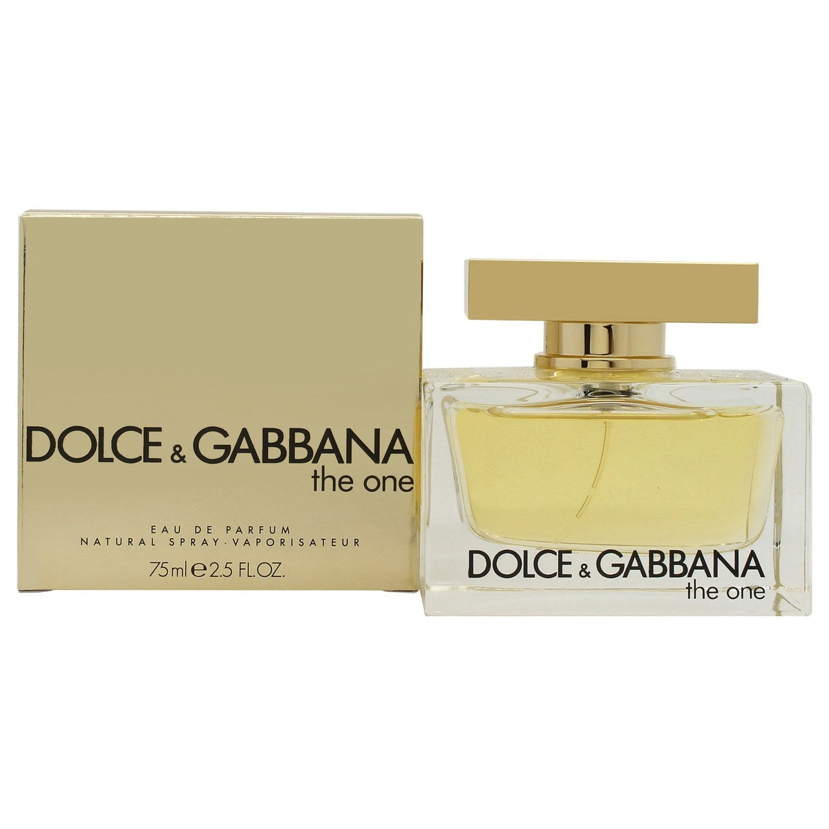 The One Eau De Parfum, Dolce & Gabbana 75 ml, klar rektangulær glasflaske med ravfarvet parfume og sort firkantet låg