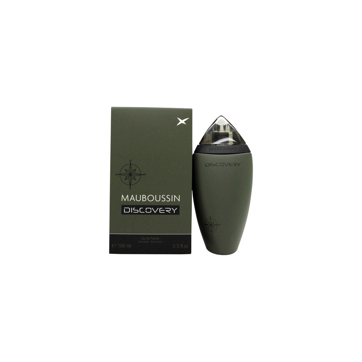 Mauboussin Discovery Eau De Parfum Mauboussin 100 ml, rektangulær glasflaske med ravfarvet duft og sølvfarvet låg