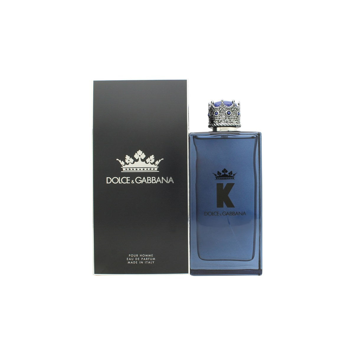 Dolce & Gabbana K Eau de Parfum, Dolce & Gabbana, 200 ml – mørkeblå glasflaske med sølvkrone og markeret logo.