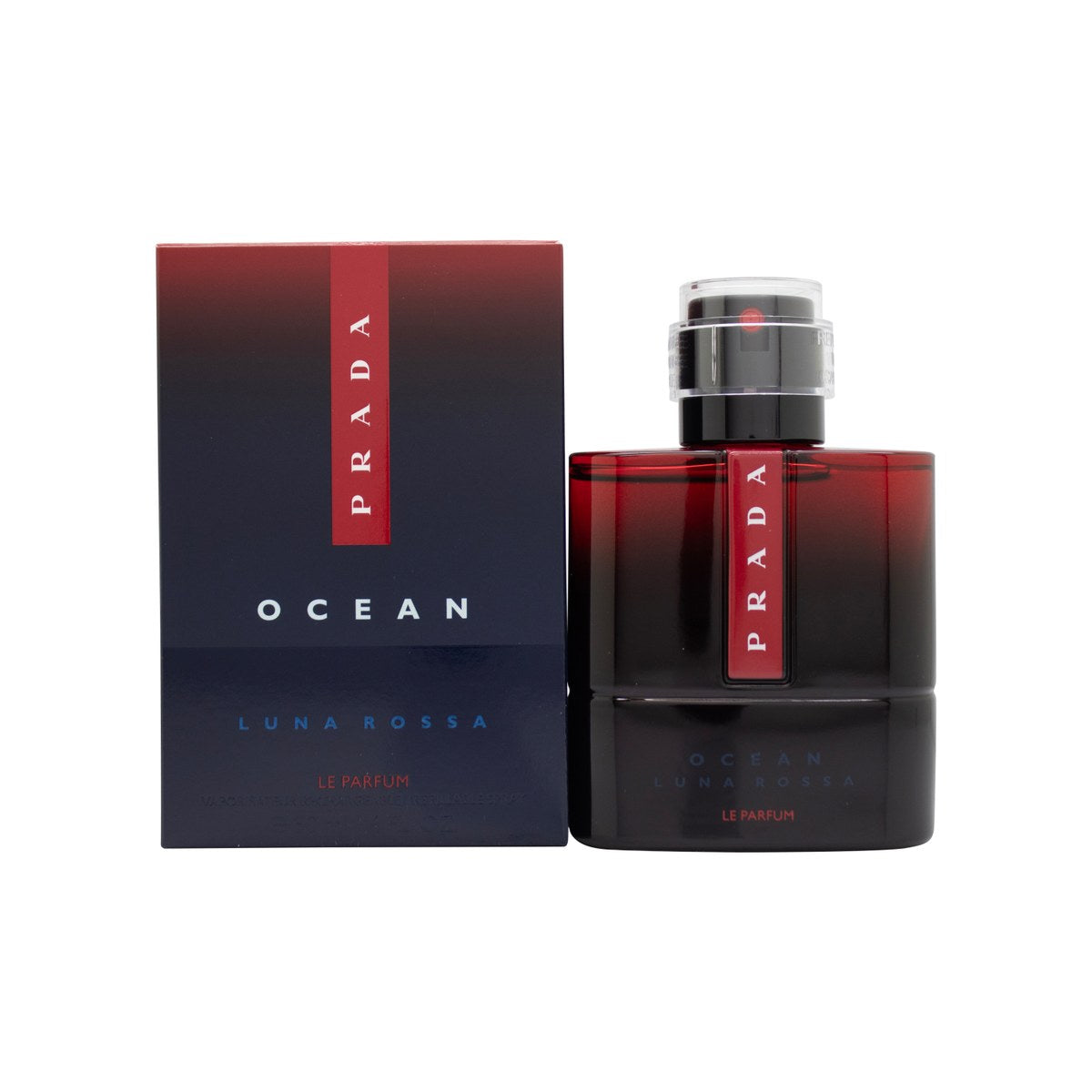 Prada Luna Rossa Ocean Le Parfum Eau de Parfum 50 ml fra Prada – mørkeblå tonet glasflakon med sort hætte og rød detalje.