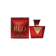 Seductive Red Eau De Toilette Guess 75 ml rødtonet glasflaske med sort bund, gyldent låg og elegant, høj cylinderform.