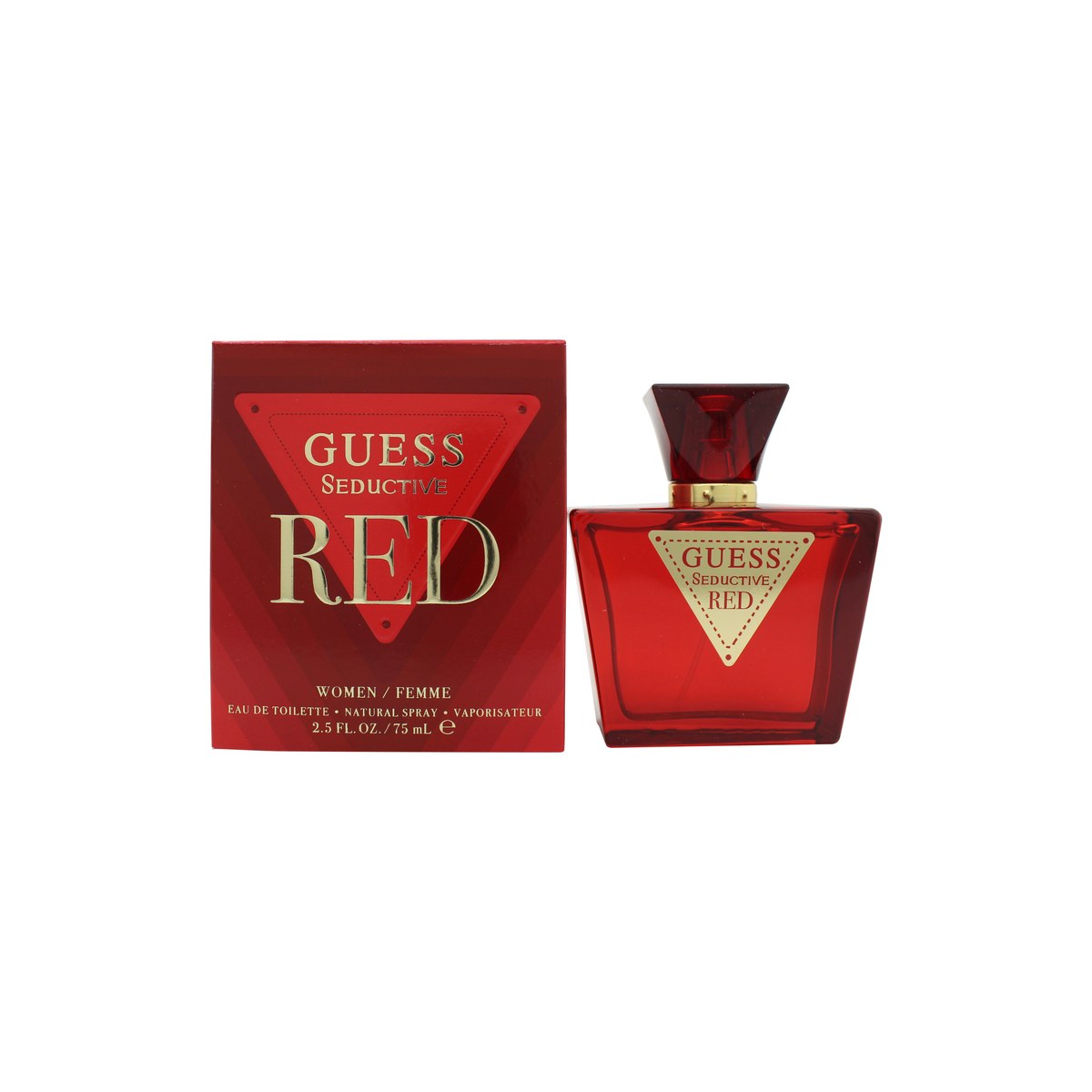 Seductive Red Eau De Toilette Guess 75 ml rødtonet glasflaske med sort bund, gyldent låg og elegant, høj cylinderform.